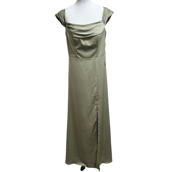 NEW STACEE Off-the-Shoulder Floor-Length Stretch Satin Dress Sz 12 - Picture 4 of 8